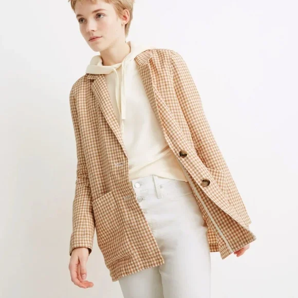 Madewell Linen Dorset 80s Oversized Blazer in Gingham Check Size Small - Picture 2 of 7